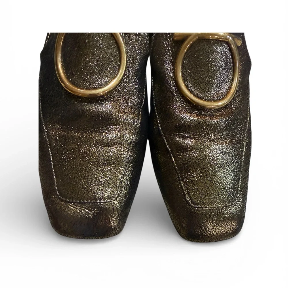 Ferragamo Gold Lana Loafers Gancini Square Toe 7.5B". - Picture 4 of 8